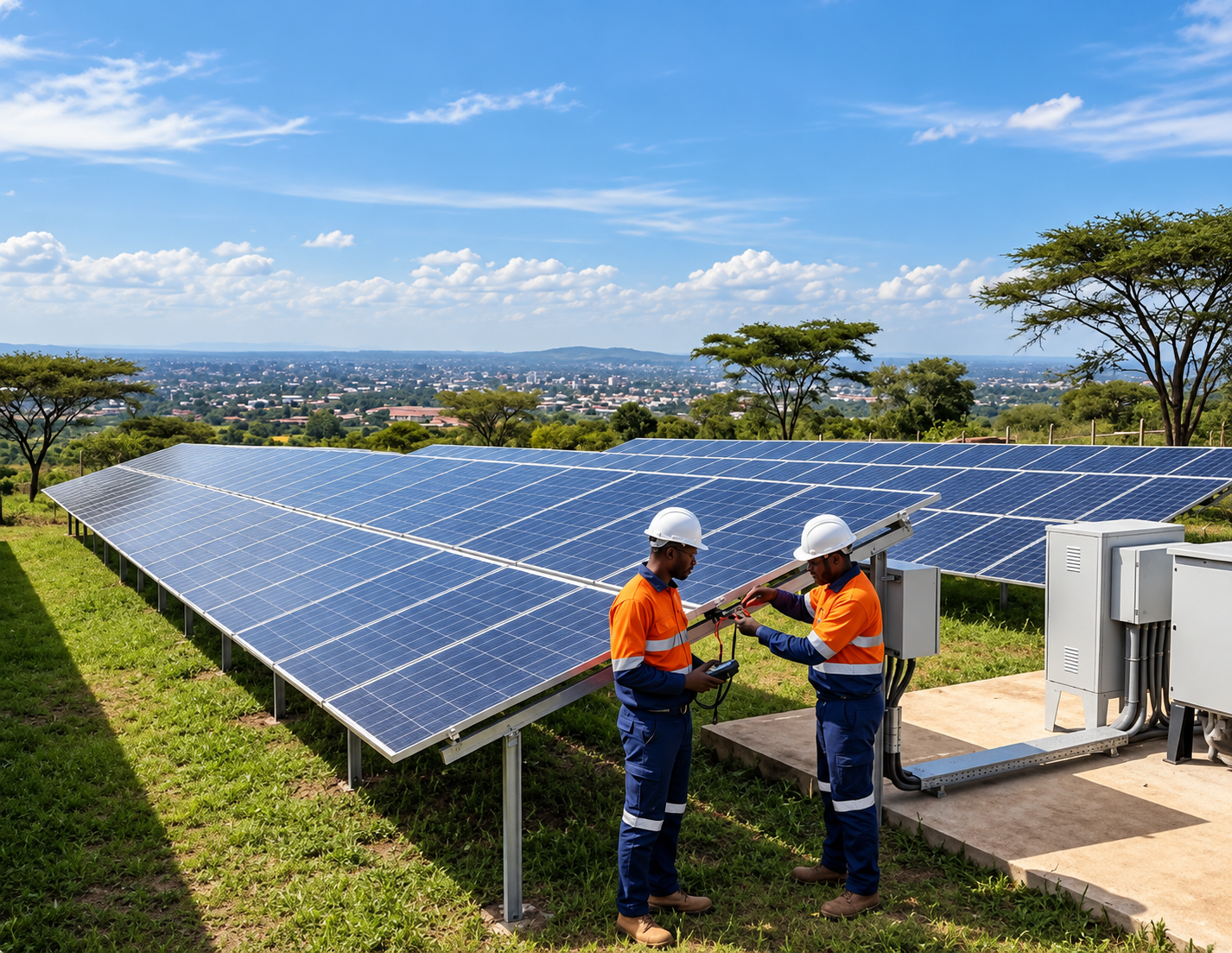 Équipe FKM Energy au travail sur un parc solaire